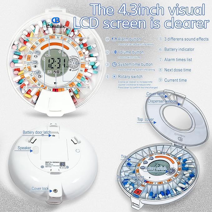 Automatic Pill Dispenser for Elderly with Alarm - WiFi App Monitoring - 28 Day Medication Organizer for Care Monitoring with Lock Key, Light/Sound Alarms for Prescriptions & Vitamins