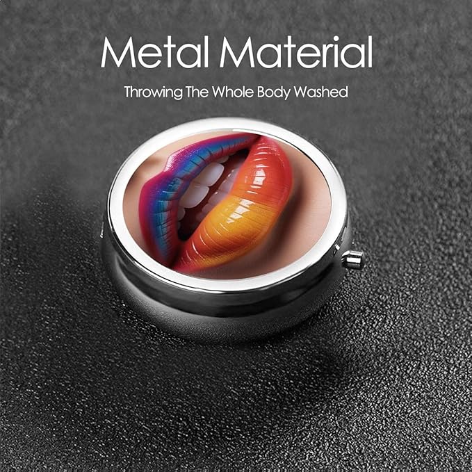 ZhongGuo Colorful Woman Lip Printed Pill Organizer,Round Travel Pill Organizer Mini Medicine Pill Box for Purse Iron Plating