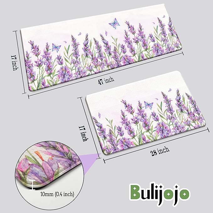 Bulijojo Purple Flowers Anti Fatigue Kitchen Floor Mats Set of 2 Waterproof Kitchen Sink Runner Rug Standing Mat Cushioned Kitchen Rugs Comfort Doormat 17"x47"+17"x28"