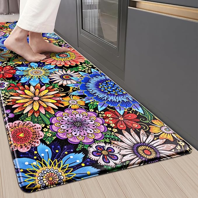 Likiyol Boho Kitchen Rugs, Boho Floral Anti Fatigue Kitchen Mat for Floor, Bohemian Flowers Non Slip Washable Kitchen Floor Mats, Comfort Standing Mat, 18'' x 60''
