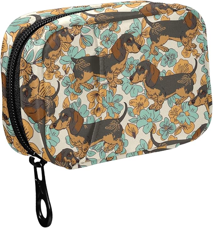 Fustylead Retro Cute Dachshund Dogs and Green Flowers Pill Organizers 2 Times A Day Pill Case Bag with Zipper Portable Weekly Pill Dispensers for Vitamin Supplement