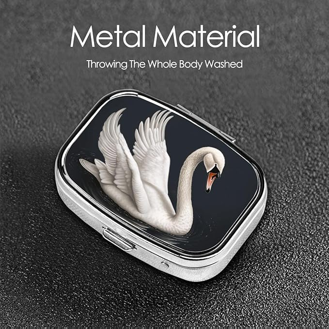 Square Pill Box 2 Compartment Medicine Pill Case White Swan Pill Box for Purse Pocket Waterproof Metal Pill Container Portable Pill Holder Mini Pill Organizer for Travel or Daily
