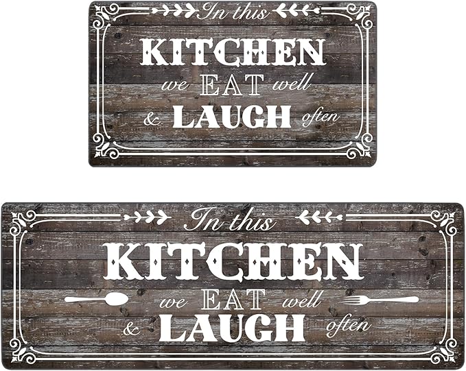 2 Pcs Kitchen Mats and Rugs 47x17.3 inch and 29x17.3 inch, Rustic Woodgrain Design Non Slip Cushioned Standing Mat for Kitchen Floor