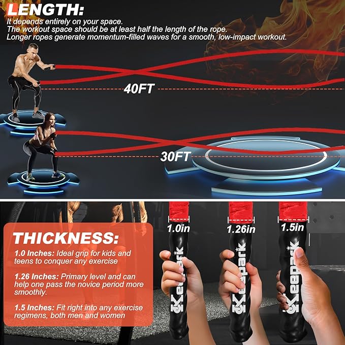 Battle Ropes for Home Gym Exercise - 1.5 Inch Diameter 30FT Red Battle Rope Workout Exercise Training Ropes with Protective Sleeve for Kids Men Women Exercise Fitness & Strength Training
