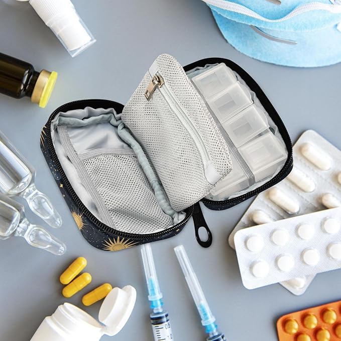 Fustylead Cosmic Space Background with Sun Moon Star Planet Travel Pill Case Bag with Zipper Weekly Pill Box 8 Compartments 7 Day Personal Pill Case Purse Medicine Case Organizer