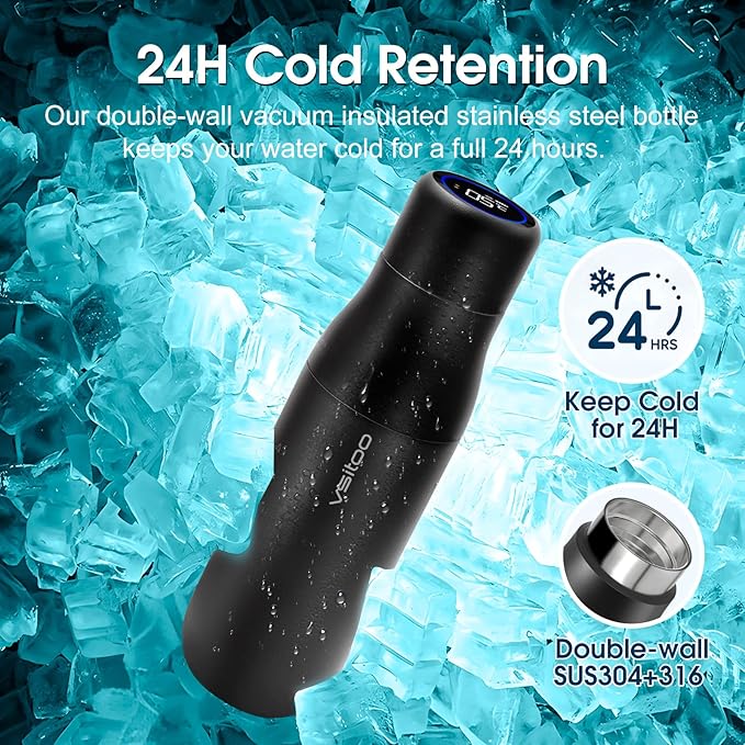 VSITOO 14.8oz Mini Smart Self-Cleaning Water Bottle，Small Insulated Stainless Steel Thermoses with AI Self-Clean, 30-Day Battery & Magnetic Charging for Travel, Gym, Office or Purse, Black