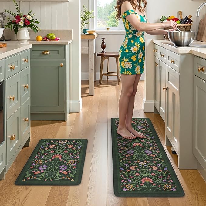 Collive Kitchen Mats Cushioned Anti Fatigue, Waterproof Kitchen Floor Mat Non Slip Desk Rugs Comfort Standing Rug for Sink, Office, Laundry, Home Decor, 17.3"x29"+17.3"x59", Green