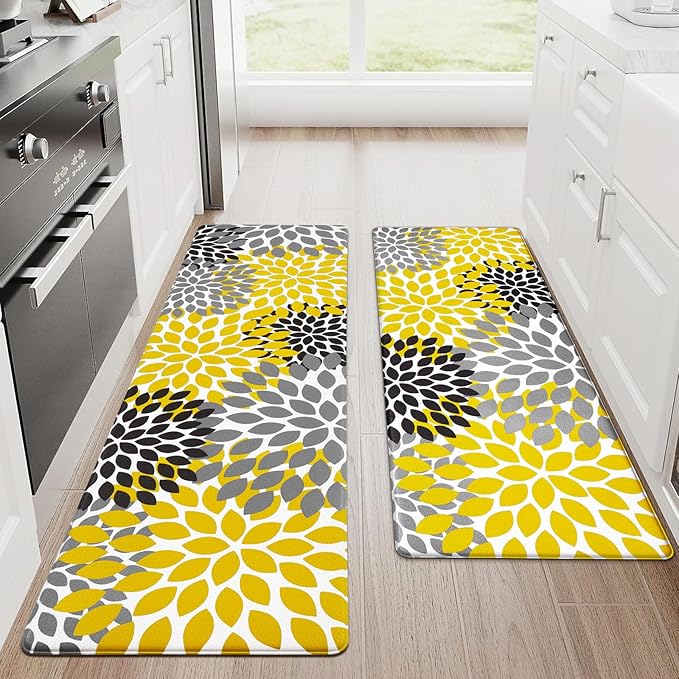 Likiyol Kitchen Mats for Floor [2 PCS] Anti-Fatigue Kitchen Rugs Non Slip Washable Boho Flower Waterproof Decorative Cushioned Comfort Standing Floor Mats for Home/Office 18''x48''+18''x60''(Yellow)