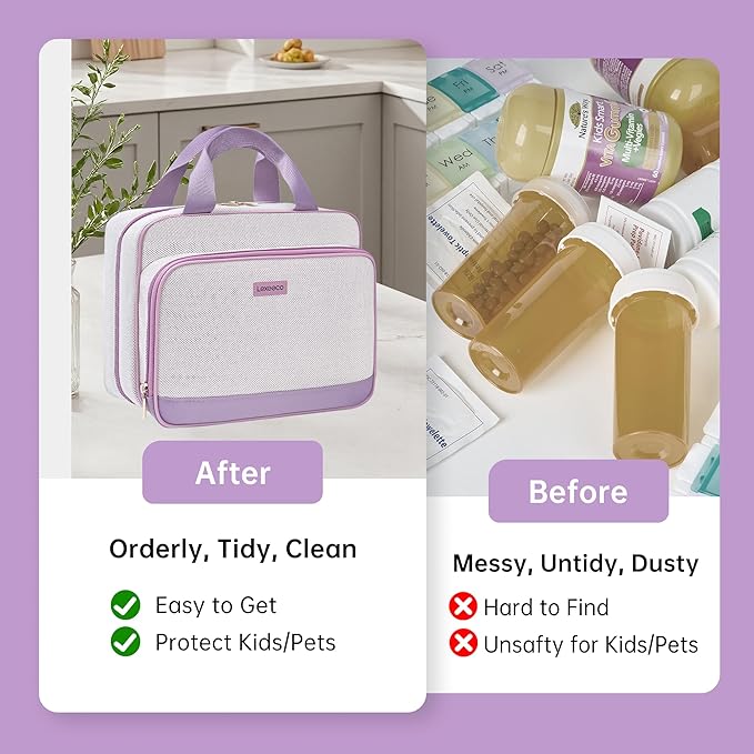 Travel Medicine Organizer Bag, Pill Organizer Case,Carrier for Medications,Vitamins,Fish Oil and Medical Supplies Pill Bottle Organizer and Home Storage Med Bag(Purple)