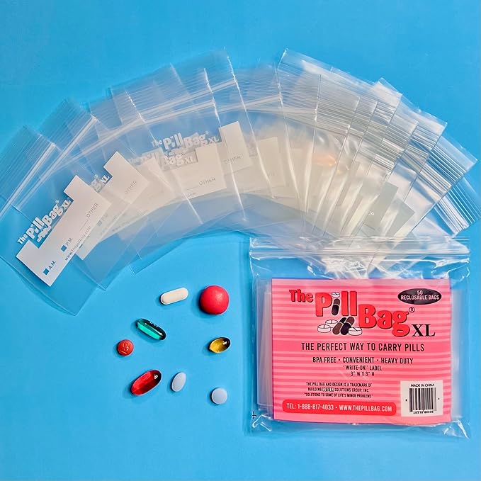 Medicine Pill Organizer, Labels for AM/PM, Resealable, Portable, Disposable Pouches for Medicine, Vitamins, Gummies,Plastic Pill Bags for Travel, Walks XL Size |100 Count (2 Packs of 50)