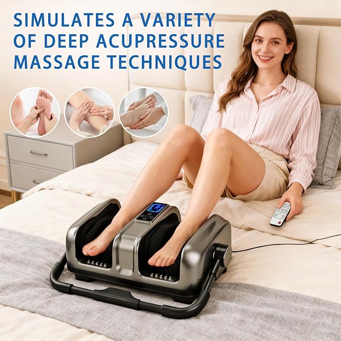 Foot Massager with Heat, Deep Kneading Electric Feet Massager with Remote Control, Calf Ankle Leg Relaxation Machine for Home & Office, Gift for Women & Men