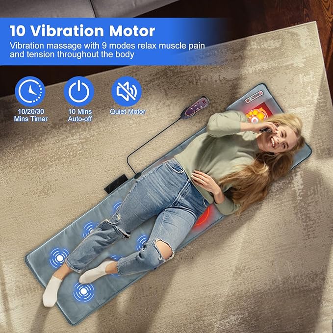 Full Body Massage Mat with Heat,Massage Mattress with Shiatsu Neck Massager & Movable Neck Back Massager Pillow,10 Vibrating Motors,9 Massaging Modes & Timer for Back Leg Pain Relief