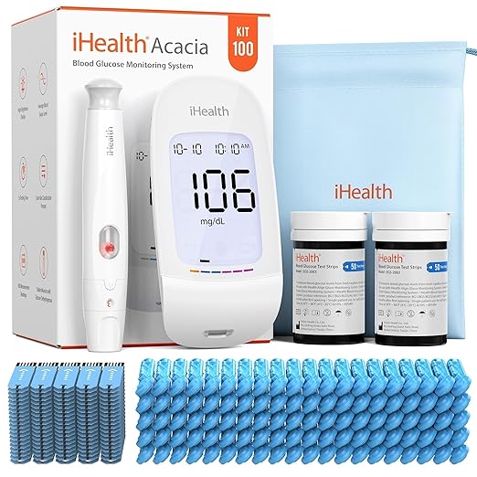 iHealth Acacia Blood Glucose Monitor Kit, 100 Glucometer Strips, 100 Lancets, 1 Blood Sugar Monitor, 1 Lancing Device, 1 Travel Bag, No Coding, Portable Blood Sugar Testing Kit, For People with Diabetes