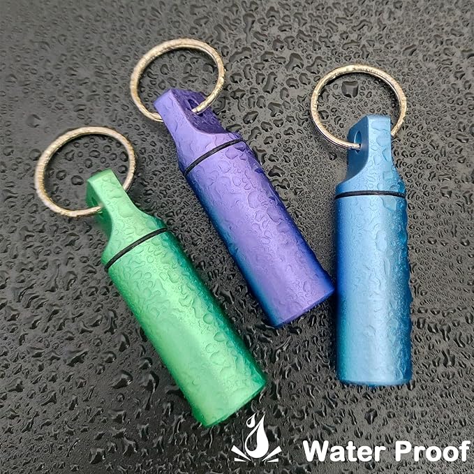 Small Pill Organizer Box Waterproof Keychain Pill Holder Portable Travel Pill Container Metal Case with Keyring for Outdoor Camping Travel