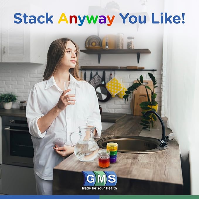 GMS 7 Day Medicine Pill Organizer - Stackable Pill Box, Easy to Screw Together Lid - Ideal for Travel, Fits Small Tablets & Vitamin Supplements, Organize Your Weekly Medicine, Large