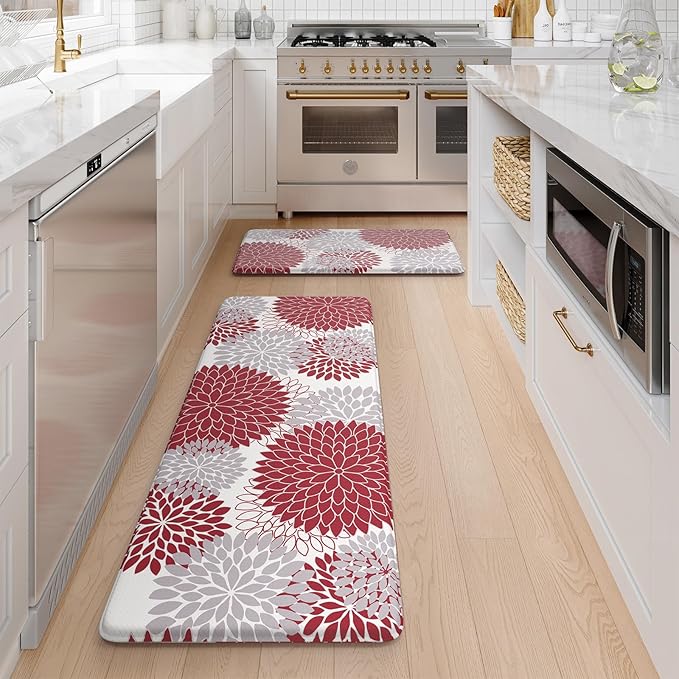 Anti Fatigue Kitchen Mats for Floor 2PCS,17"x47"+17"x29" Farmhouse Dahlia Kitchen Rugs Non Slip Rubber Backing,Waterproof Cushioned Standing Mat for Office,Laundry,Sink,Desk,Red