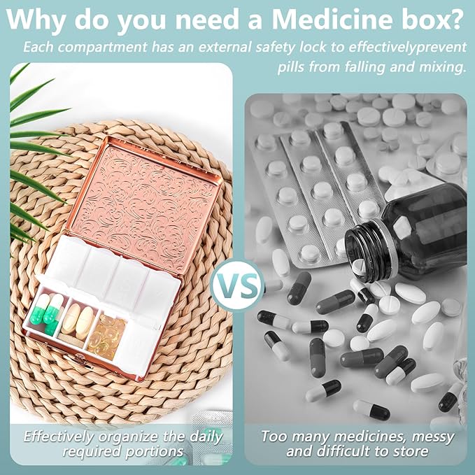 Pill Organizer 7 Days 8 Compartments, Travel Metal Pill Box, BPA-Free Portable Pill Box (Pink, Median)