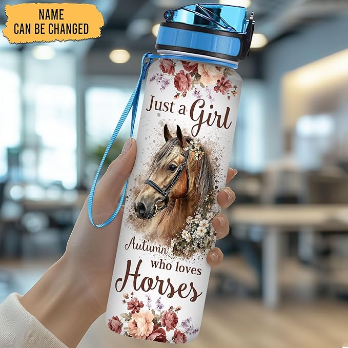 Hyturtle Personalized Just A Girl Who Loves Horses 32Oz Liter Motivational Water Bottle, Customized Name With Time Marker, Gifts For Women, Gifts For Horse Lovers On Birthday, Mother's Day