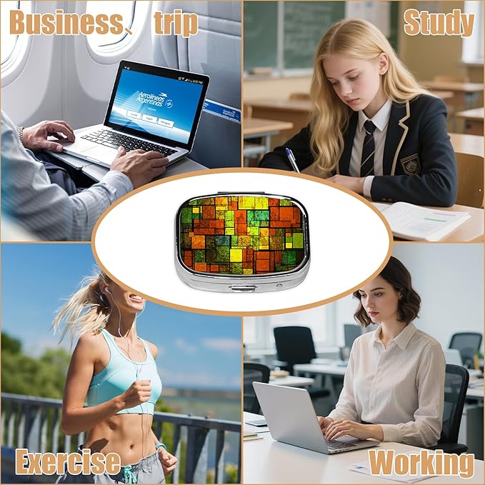 Pill Box-2 Compartment Small Pill Case Square Organizer Case with Mirror Portable Metal Medicine Box Travel Container for Pocket & Purse Women Men(Colorful Gtained Glass)