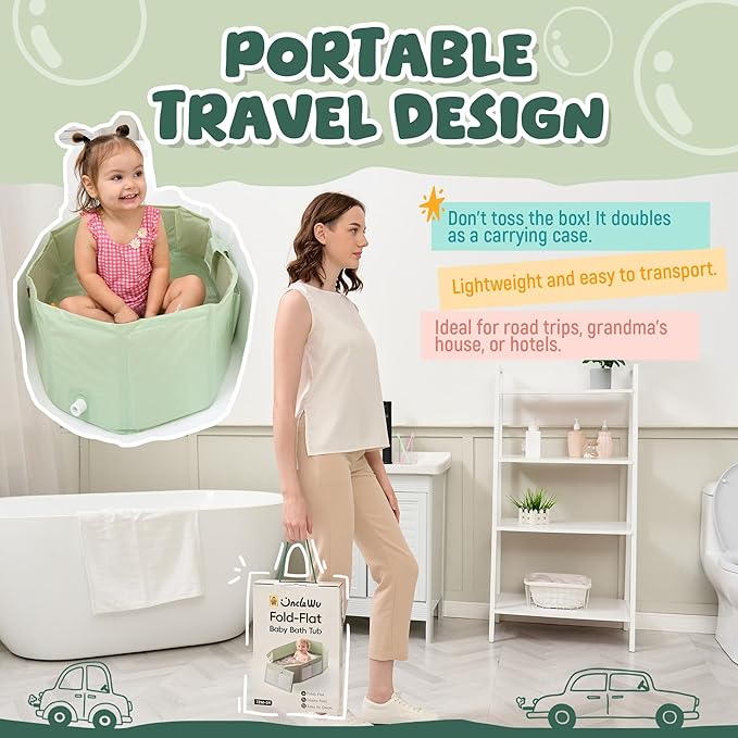 Toddler Bathtub for Shower (12M-5Y) – Large Collapsible Portable Tub Converts Shower Stall to Bath – Sturdy, Non-Slip with Mesh Storage Pocket & Fast Drain for Kids & Small Bathroom