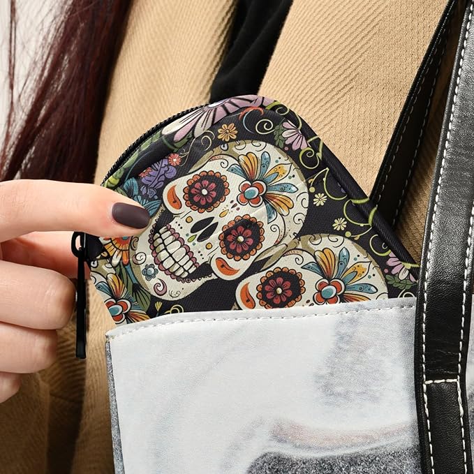 Fustylead Cute Day of The Dead Skulls and Flowers Travel Pill Organizer Bag with Zipper Small Pill Box 7 Day Pill Case for Purse Storage Weekly Vitamin Medicine Supplement