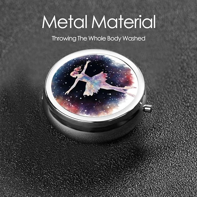 Watercolor Ballet Dancer Space Pill Box 3 Compartment Pill Case, Portable Medicine Pill Organizer for Pocket Purse Pill Box Decorative Metal Medicine Vitamin Organizer
