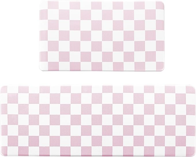 Pink Checkered Grid Checkerboard Kitchen Rug Sets [2 PCs], Anti-Fatigue, Waterproof Non-Slip Kitchen Mats Heavy Duty Ergonomic Comfort Foam Rug for Floor, Home, Laundry,Easter 17"x29"+17"x47"