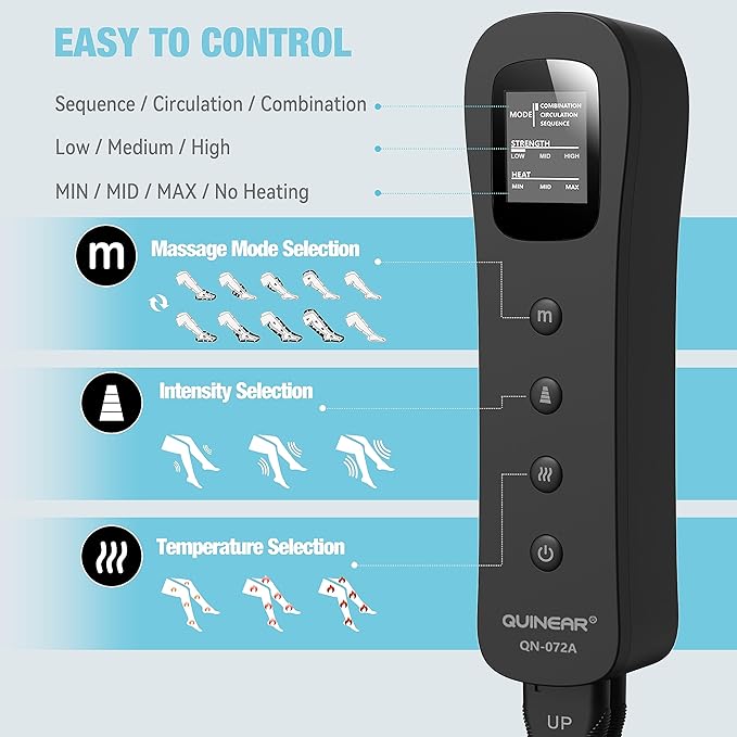 QUINEAR Leg Massager for Circulation and Pain Relief, Foot and Leg Compression Massager with Heat 2 Extender 3Heat 3Mode 3Intensity Calf Massager for Cramps Edema Swelling, FSA-HSA Eligible