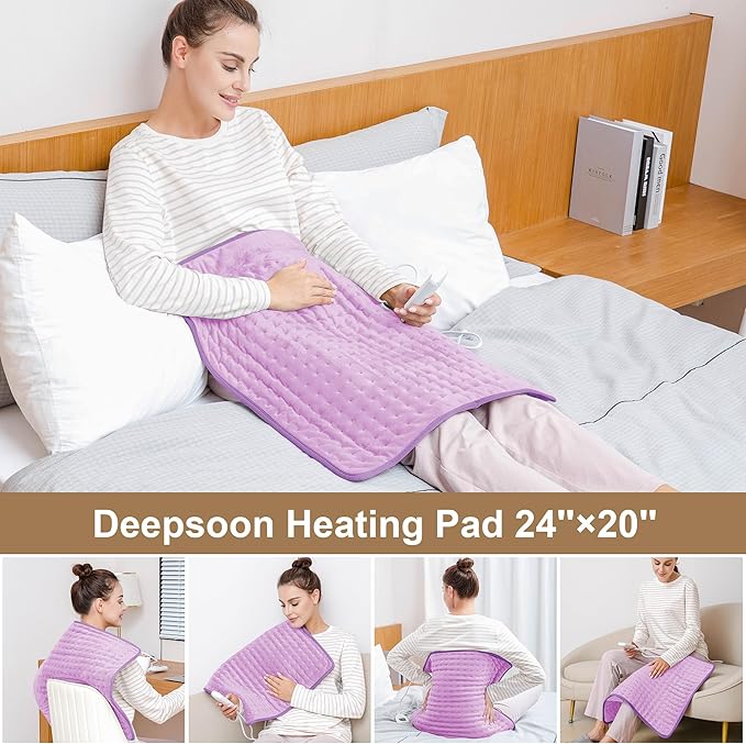 Deepsoon Heating Pad,Electric Heating Pads for Back,Neck,Abdomen,Moist Heating Pad for Shoulder,Knee,Arms,Legs,Dry/Moist Heat & Auto Shut Off,Christmas Gifts for Men and Women,Light Purple,24x20 Inch