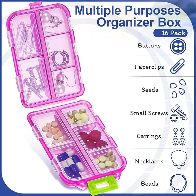 Sabary 16 Pcs Travel Pill Organizers with 10 Compartments Portable Weekly Small Pill Cases Daily Fish Oil Vitamins Medicine Box Dispensers for Pocket Purse Medicine Organizer Essentials(Stylish Color)