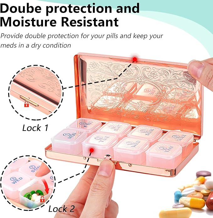 Pill Organizer 7 Days 8 Compartments, Travel Metal Pill Box, BPA-Free Portable Pill Box (Pattern Rose, Large)