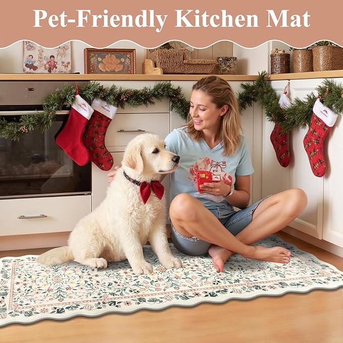 Yamaziot Anti Fatigue Kitchen Rugs Set of 3 - Boho Non Slip Waterproof Kitchen Mats for Floor, Boho Runner Rug for Kitchen Floor, Laundry, Desk, Office, 17.3"x29"+17.3"x35"+17"x47.3", Beige & Pink
