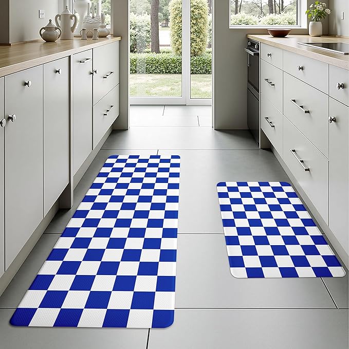 Stellar Blue Checkered Grid Checkerboard Kitchen Rug Sets [2 PCs], Anti-Fatigue, Waterproof Non-Slip Kitchen Mats Heavy Duty Comfort Foam Rug for Kitchen, Floor, Laundry,17"x29"+17"x47"