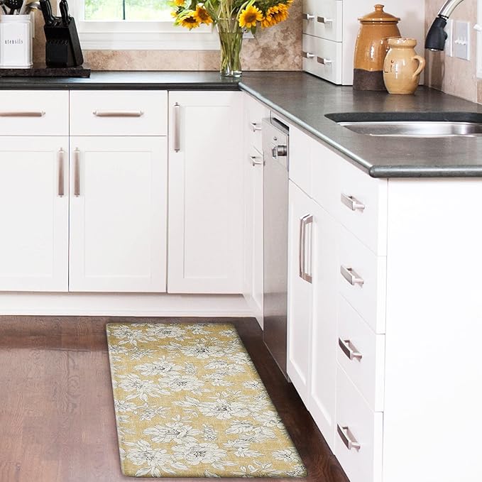 Laura Ashley - Anti-Fatigue Kitchen Mat, Iris Floral Design, Stain, Water & Fade Resistant, Cooking & Standing Relief, Non-Slip Backing, Measures 17.5" x 48", Tawny Yellow Iris
