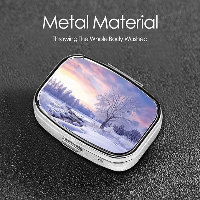 Square Pill Box 2 Compartment Medicine Pill Case Winter Landscape Pill Box for Purse Pocket Waterproof Metal Pill Container Portable Pill Holder Mini Pill Organizer for Travel or Daily