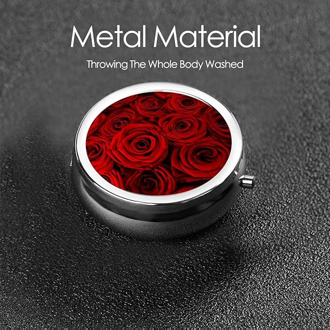 Travel Pill Organizer,Red Rose Pill Box,Metal Pill Holder Container,Portable Cute Pill Case,Small Medicine Holder Organizer,Vitamin Holder with 3 Compartments,for Pocket Purse