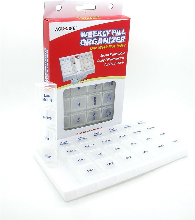 Acu-Life Weekly (7-Day) Pill Case, Medicine Planner, Vitamin Organizer Box, 4 Times a Day AM/PM, One Week Plus Today, Removable Compartments, Easy to Use, White, BPA Free