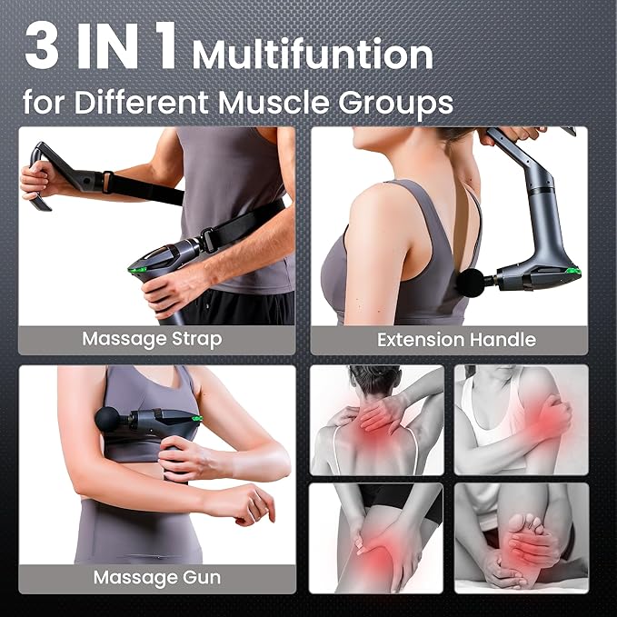 3-in-1 Percussion Massage Gun with Extension Handle - Detachable Muscle Massage Gun Deep Tissue for Back, Neck, Shoulder, Arms, Thigh Pain Relief, 12 Speeds 4 Heads, Portable for Home, Gym, Office