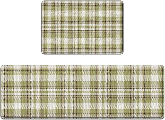 Arttown Green Anti-Fatigue Kitchen Rug Set of 2 Plaid Cushioned Floor Standing Mat Waterproof Non-Slip Mat and PVC Ergonomic Comfort Foam Rug
