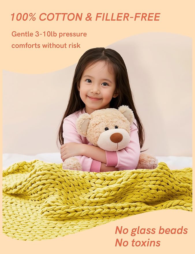 YnM Cooling Weighted Blanket, 100% Cotton Handmade Chunky Knitted Blanket, Weighted Lap, Breathable Heavy Blankets, Machine Washable Throw for Sleep or Home Decor (Yellow Lemon, 35x40 Inch, 5lbs)