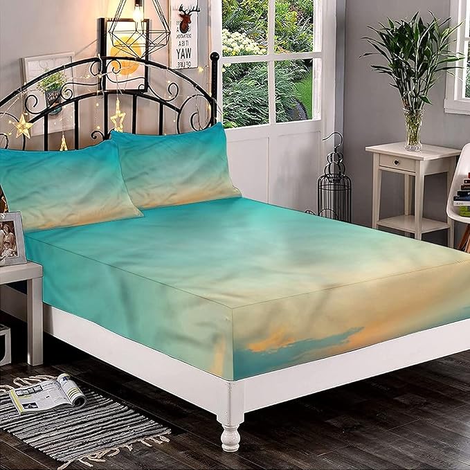 Decorative Fitted Sheet Set Twin XL Size, Aqua Deep Pockets Fitted Sheet & 2 Pillow Sham Set(No Flat Sheet), Early Morning Sky in Blue Printed Microfiber Bedding 3pc Set, for Boys & Girls Bedding