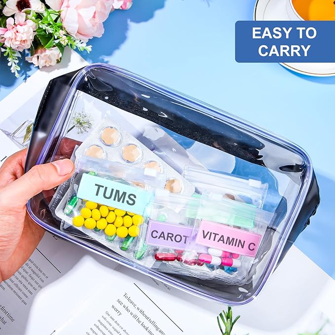Meanplan 50 Pcs Pill Pouches Reusable Clear Zippered Pill Bag, Transparent PVC Toiletry Carry Pouch, 180 Pcs Waterproof Labels Stickers Travel Organizer Storage with Slide Lock for Small Items