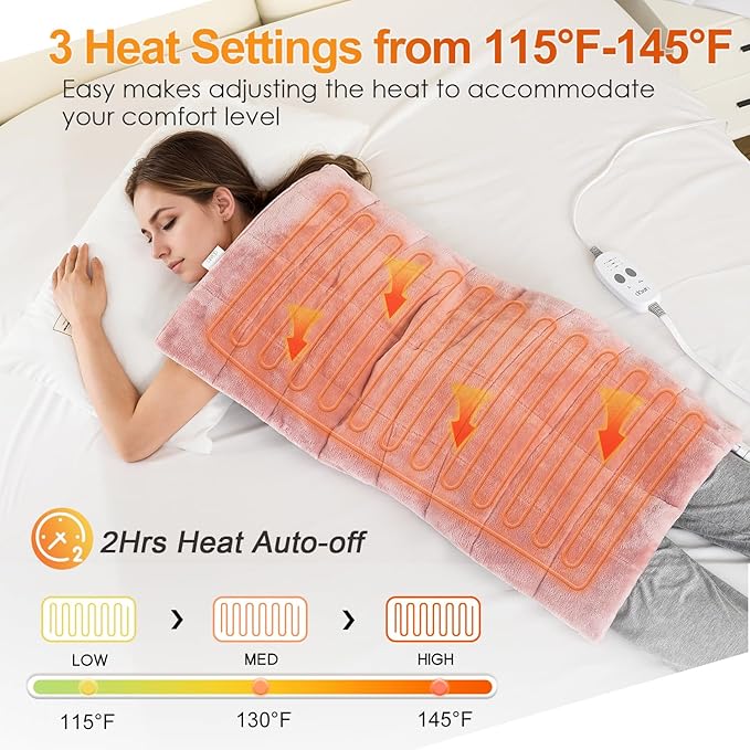 Weighted Heating Pad with 2 Massager 4.85Lbs,18"x33" X-Large Heated Pad for Back Pain Relief with 3 Heat Settings 2Hrs Auto Shut-Off for Neck Shoulder Arms Legs（Pink