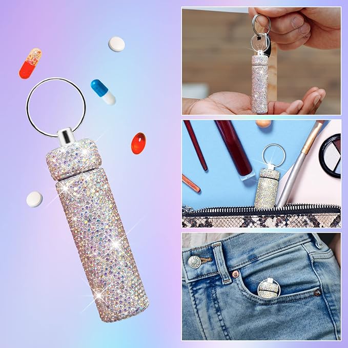 Yuchew Bling Pill Case Pill Container Rhinestone Pill Box Portable Waterproof Pocket Pill Holder Bottle Storage with Keychain for Travel, Outdoor, Camping (AB Color)