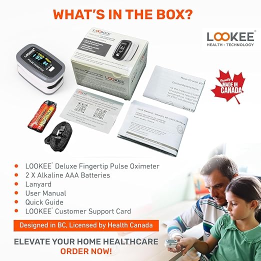 LOOKEE LK50D1 Deluxe Fingertip Pulse Oximeter - Finger SpO2 Blood Oxygen Saturation Monitor with Auto Rotate OLED Display Plethysmograph Waveform & Pulse Graph - Batteries Included
