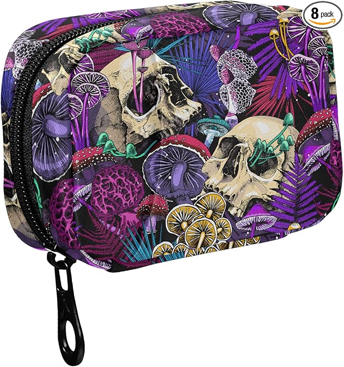 Fustylead Psychedelic Mushrooms Skulls Pill Organizer and Storage Weekly with Zipper, Removable Pill Box Portable Medicine Organizer for Vitamin Fish Oil Supplement