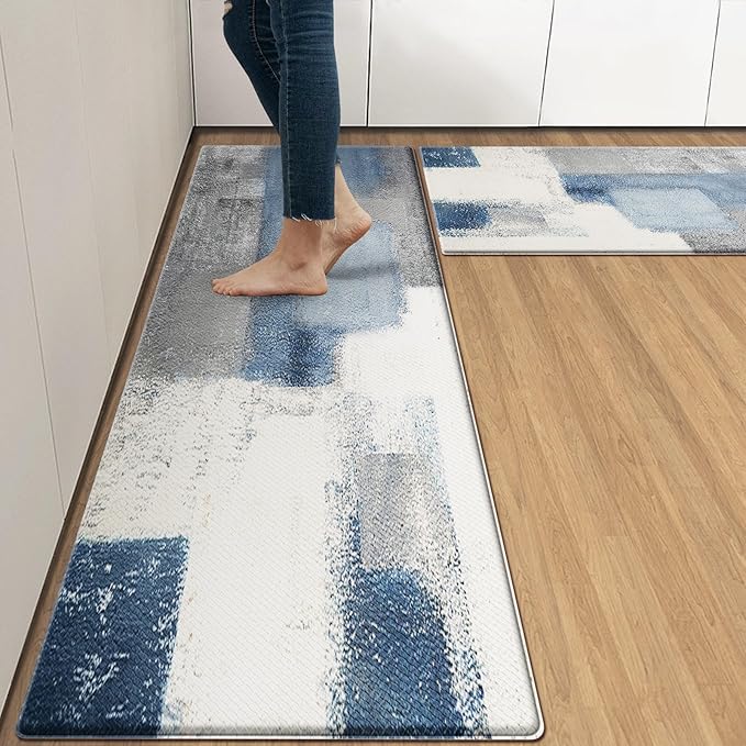 Anti-Fatigue Blue Grey Kitchen Rug Set of 2 Cushioned Abstract Rug for Floor, Art Standing Mat Waterproof Non-Slip Mat PVC Ergonomic Comfort Foam Kitchen Decor