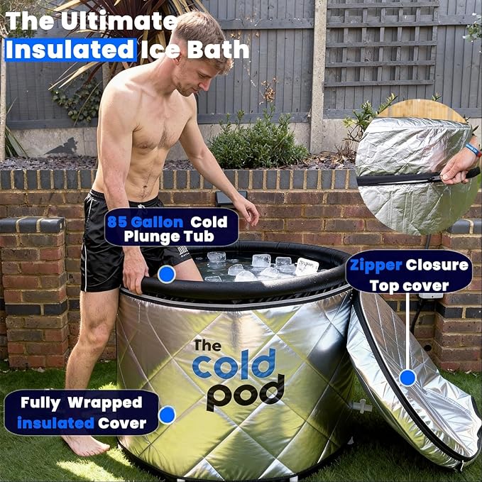 The Cold Pod Cold Plunge Tub: 85 Gal Round Tub with Full-Wrap UV-Reflective Insulation Cover Bundle for Indoor & Outdoors Use - Portable Ice Bath Tub for Athletes&Crossfitters &Wim Hof Enthusiasts