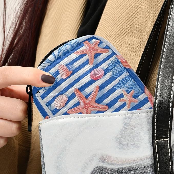 Blue Stripes Starfish Seashells Corals Travel Pill Organizer Case Box Container Weekly Portable Vitamin Medicine Holder Storage Bag with Zipper Removable
