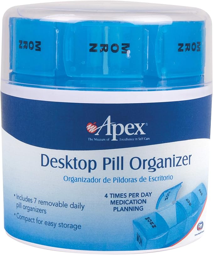 Apex Pill Container Desktop Pill Organizer A Compact Pill Planner with 4 Times a Day Pill Removable Compartments Assorted Colors, White and Blue, 1 Count
